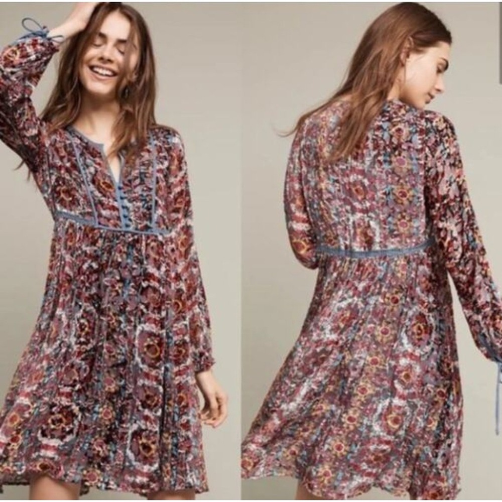 Anthropologie Floreat Velvet Burnout Floral Mini Dress XS MulticolorBoho TieCuff